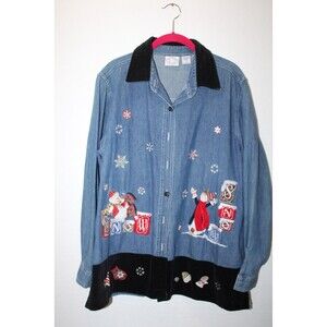 Carolina Blues Plus Christmas Button Shirt Women 16 Blue Jean Snowman Snow Flake